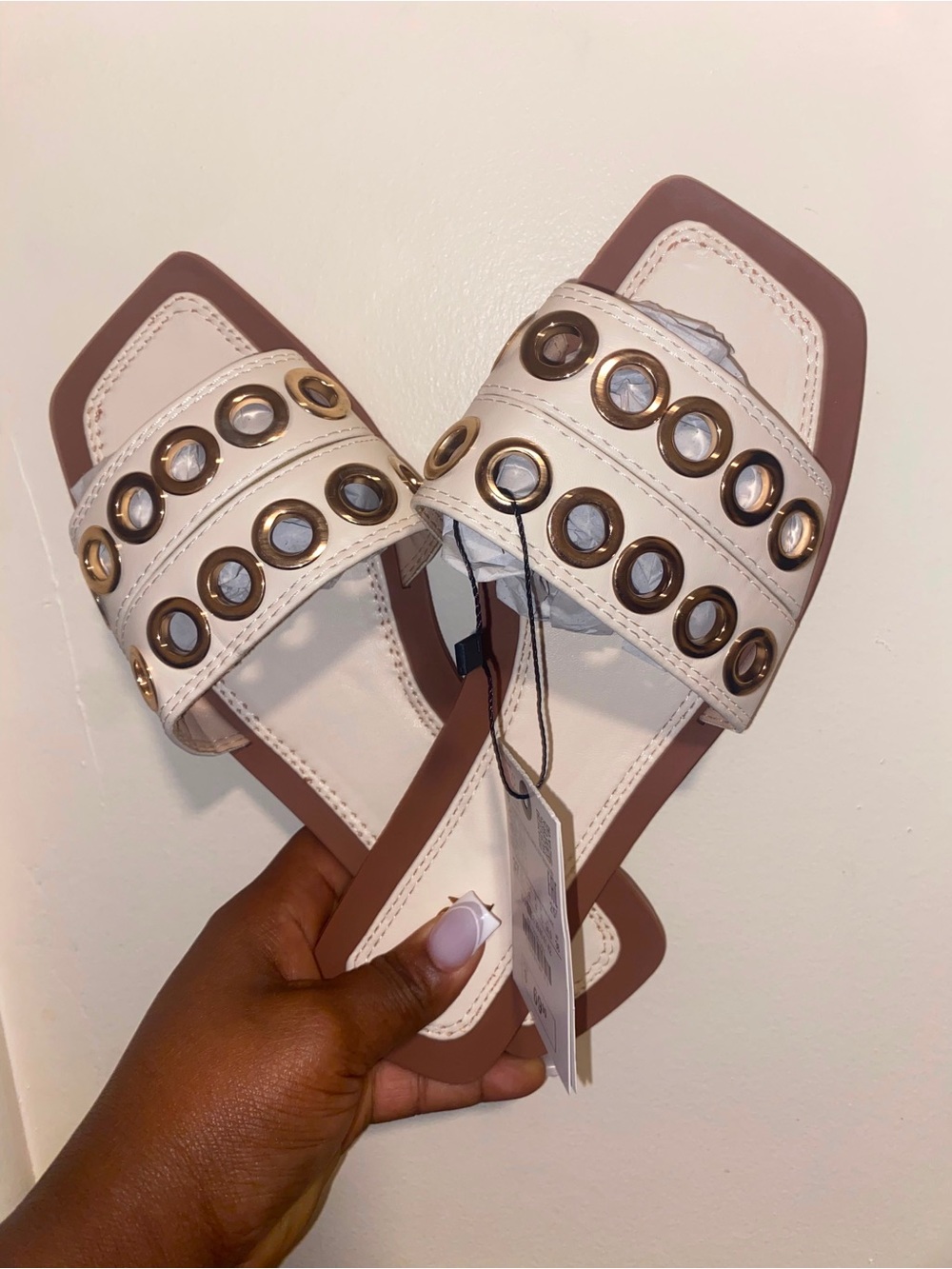 Leather Slide Sandals with Grommet Detail - Cream